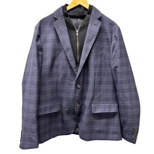 Saks Fifth Avenue Blazer Mens 48 R Wool Blue Plaid + Zip Out Knit Panel Coastal